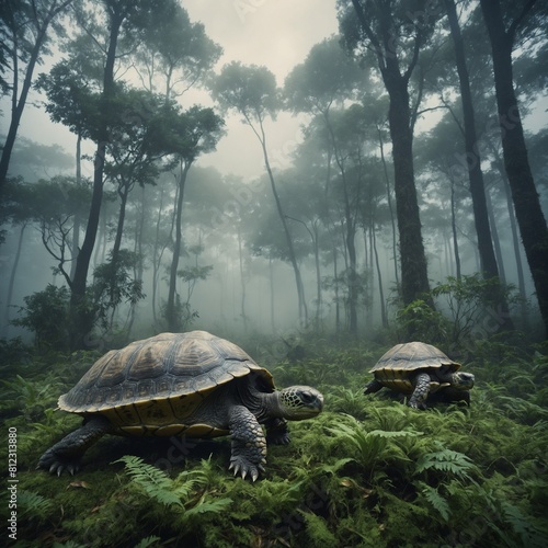 A surreal landscape with giant turtles navigating through a misty, ethereal forest. 