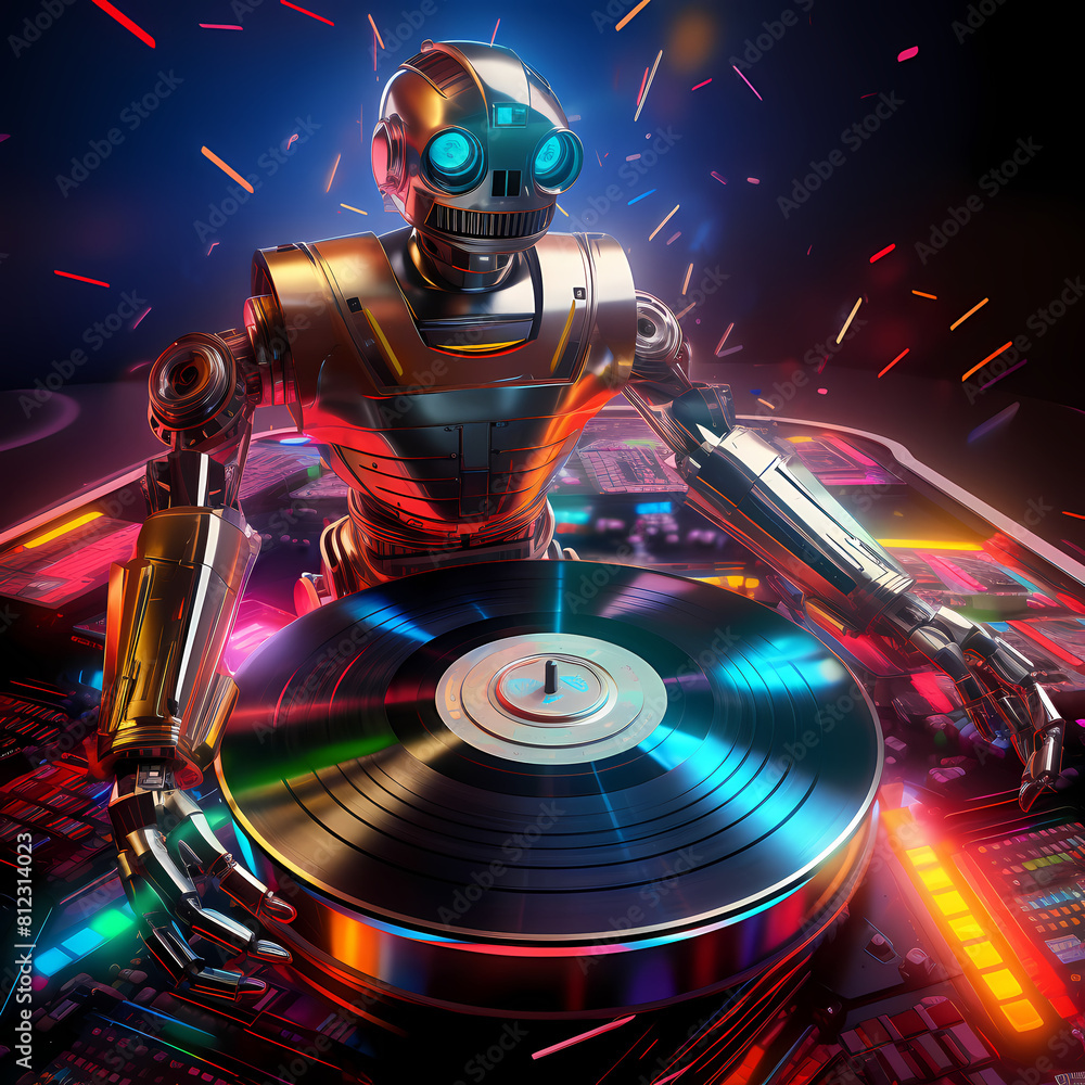 Robot DJ spinning holographic records. 