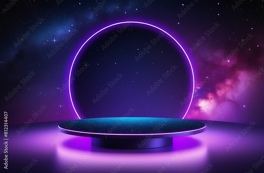 An empty round stand on a neon background. Stylish purple background for advertising products on the background of space. An empty cosmetics stand An empty round stand on a neon background. Stylish purple background for advertising products on the background of space. An empty cosmetics stand