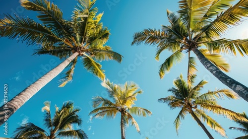 Beneath a clear blue sky palm trees sway against the backdrop of a tropical island beach