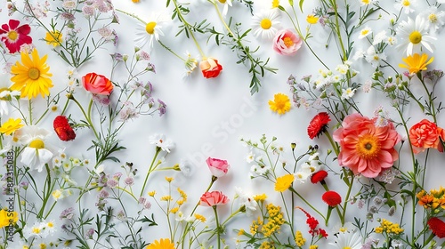 A serene white background adorned with vibrant summer flowers, evoking the essence of the season.