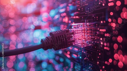 Web banner of glowing data cables transferring information inside computer server, internet connection.