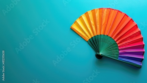 Colorful folding fan displayed on blue background