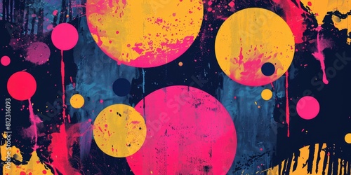 Colorful abstract painting with bright circles and paint splatters on a dark blue background. AIG51A.