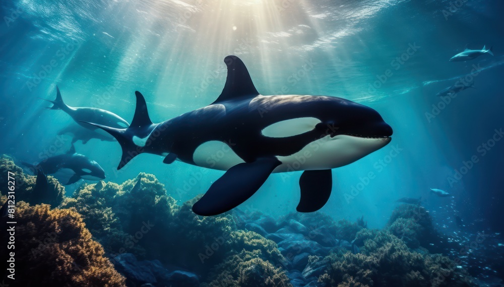 Obraz premium The Orcinus Orca in the ocean, portrait of Orca hunting prey in the underwater
