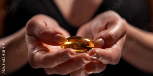 Close-up of hands presenting a single golden-colored nutritional supplement capsule against a dark background