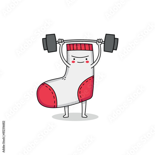 Cute sock cartoon character lifting weight doodle