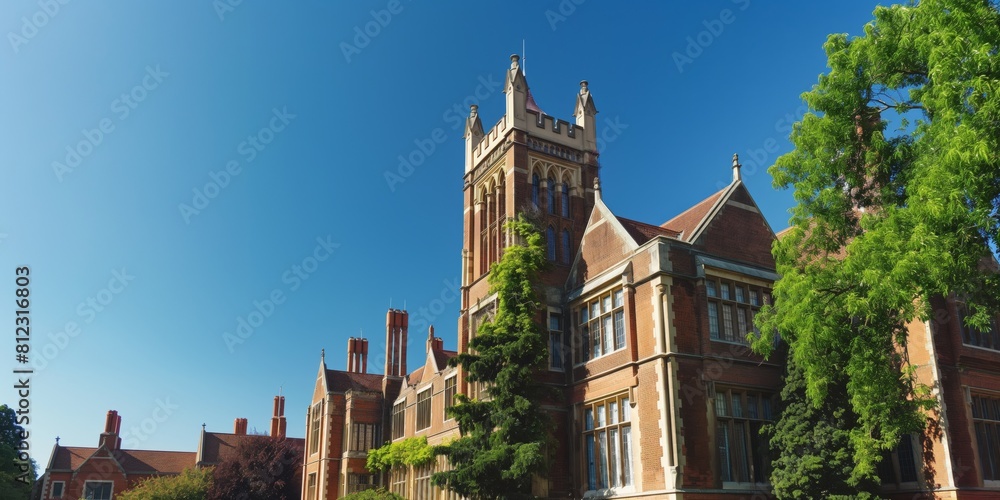 Naklejka premium A traditional university building with Gothic architectural elements stands under a clear blue sky