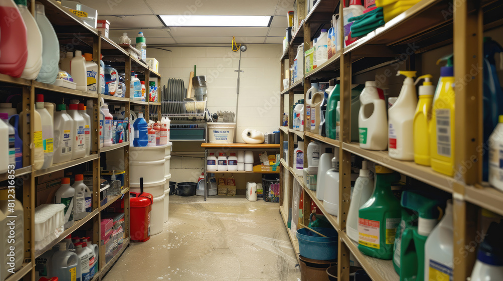 Fototapeta premium Showcase of Cleaning Tools and Supplies for Maintenance