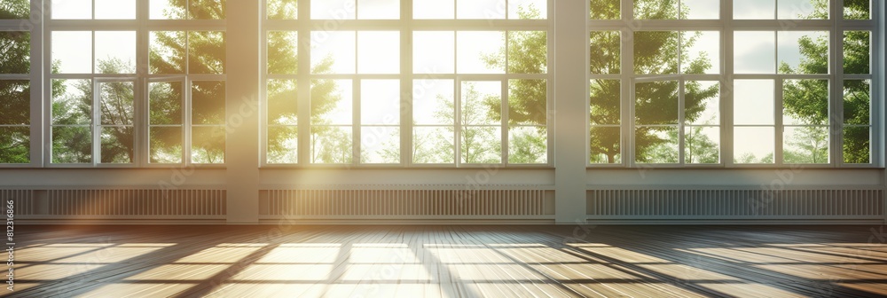Image showing a spacious room with bright sunlight streaming through large windows, hardwood floor and a serene view