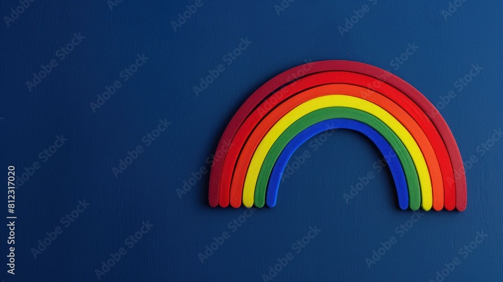Colorful wooden rainbow toy against dark blue background Colorful wooden rainbow toy against dark blue background