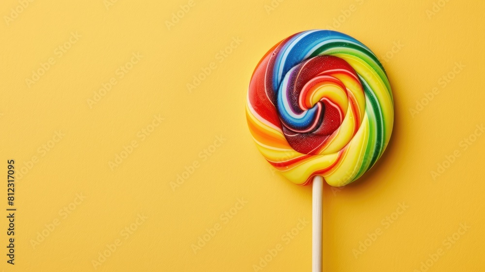 Colorful swirled lollipop on yellow background Colorful swirled lollipop on yellow background