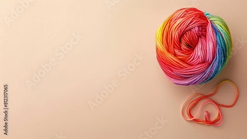 Vibrant multicolored ball of yarn with loose end on pale background photo