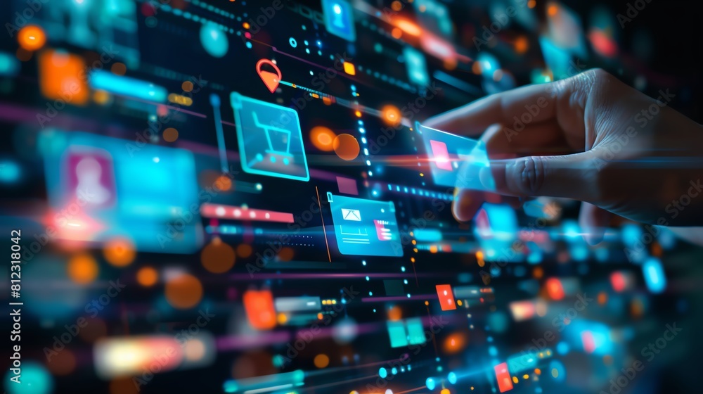 A person is touching a digital screen with a shopping cart icon on it. The background is a blur of other digital icons. A person is touching a digital screen with a shopping cart icon on it. The background is a blur of other digital icons.