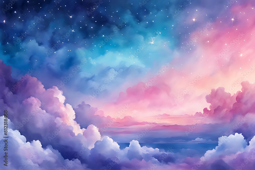 Watercolor sky with clouds and stars, dreamy, soft blue purple and pink color background , banner Watercolor sky with clouds and stars, dreamy, soft blue purple and pink color background , banner