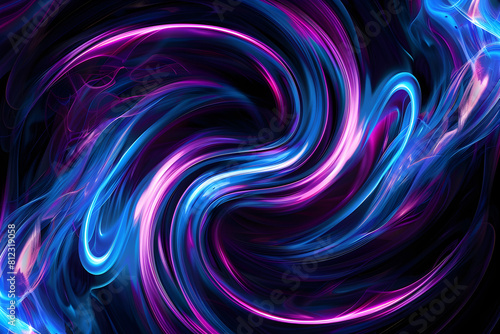 Neon swirls in electric blue and magenta creating a hypnotizing effect. A mesmerizing sight on black background.