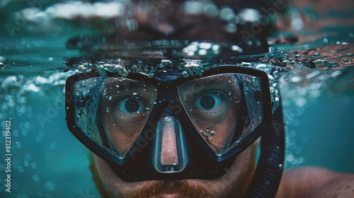 Man Wearing Scuba Diving Mask Exploring Marine Life