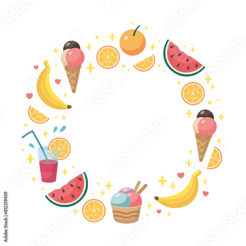 Summer sweets, fruits round frame, copy space, template. Doodle Summer Beach picnic circular frame. Summertime fruits, ice creams, juices. Cartoon vector illustration. Flat design.