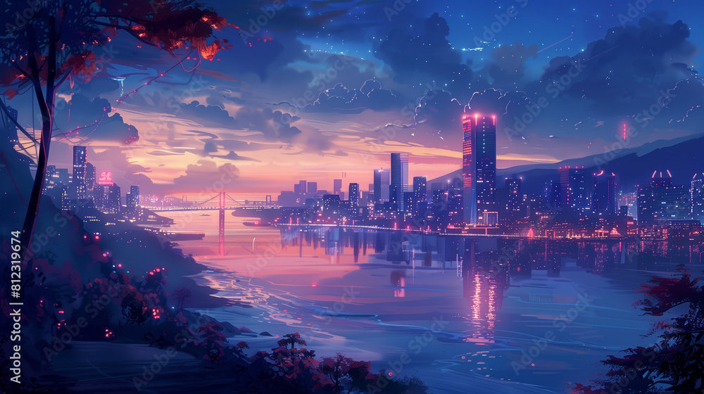 Fototapeta premium twilight cityscape overlooking a pristine, calm ocean, with sparkling skyscrapers and a bridge that spans the tranquil waters