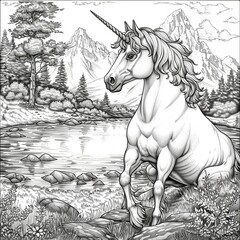 Wandcirkels Eenhoorn A whimsical children's coloring picture featuring a playful unicorn prancing across a rainbow, with smiling clouds and sun in the background, creating a magical scene.  © Roberto