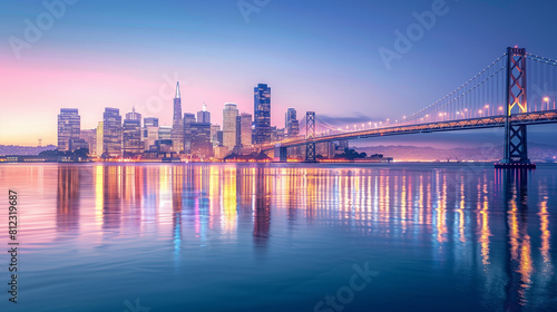 twilight cityscape overlooking a pristine, calm ocean, with sparkling skyscrapers and a bridge that spans the tranquil waters