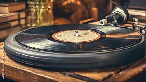 vinyl record spinning on a turntable nostalgia and relaxation in the cozy lofi atmosphere, turntable and record, record player,. photo