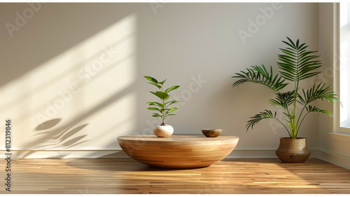 Empty minimal natural wooden table counter podium  beautiful wood grain in sunlight 