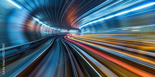 Long exposure photography captures dynamic light trails in a tunnel, symbolizing speed, motion, and technology