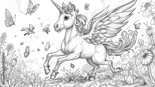 A whimsical children s coloring picture featuring a playful unicorn prancing across a rainbow  with smiling clouds and sun in the background  creating a magical scene.