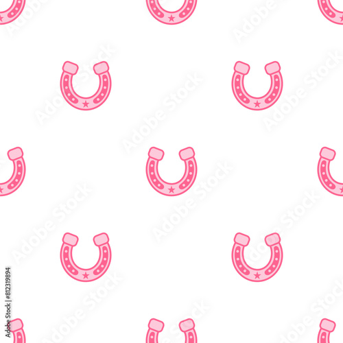 Pink core horseshoe. Cowboy western and wild west theme seamless pattern. Hand drawn vector illustration. Doodle icon. Vector texture. Doodle Pink horseshoe