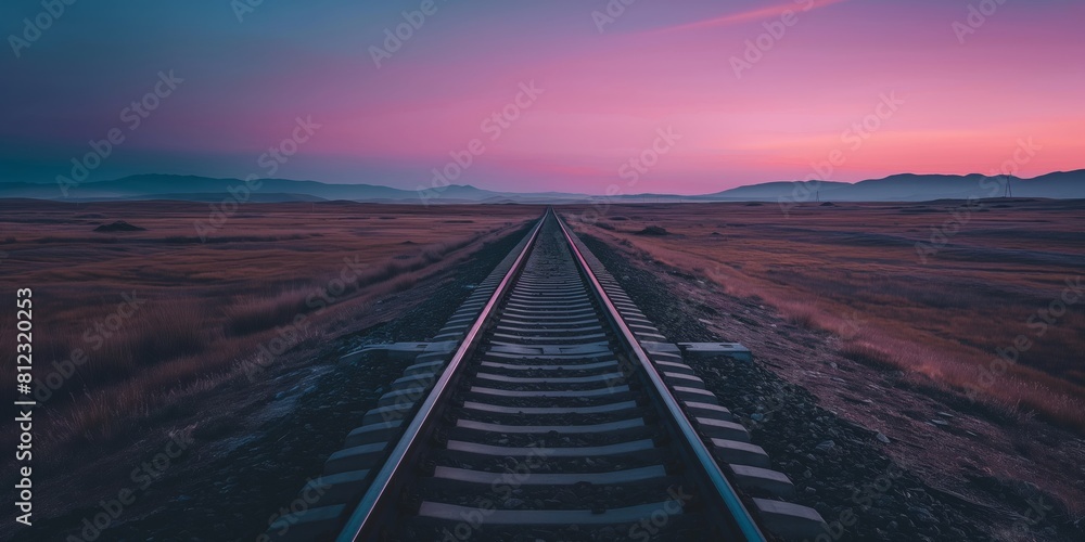 The railroad tracks extend toward a colorful sunset horizon in a tranquil, wide-open landscape