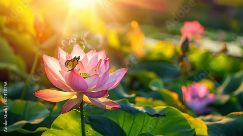 
a very beautiful, enchanting lotus flower that a butterfly lands on. seamless looping time-lapse virtual 4K video Animation Background.