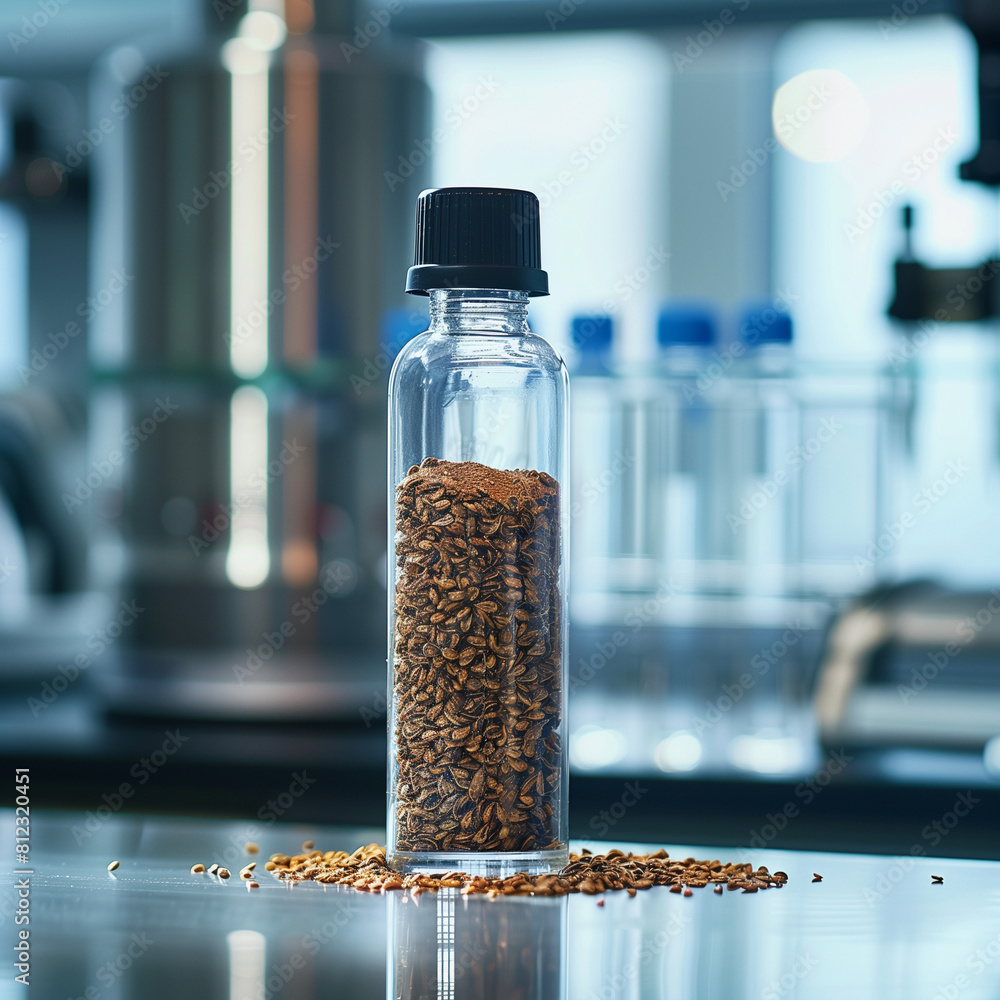 a bottle of seeds in a bright laboratory a bottle of seeds in a bright laboratory