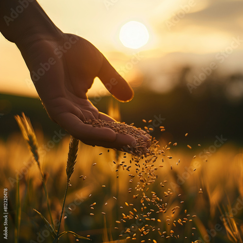 a close up photo of a hand holding a handful of seeds scattering them in a field