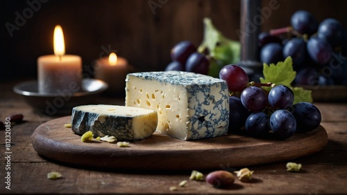 gorgonzola cheese on a rustic wooden board with grape fruits