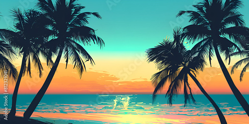 Tropical sunset with palm trees on the beach. 