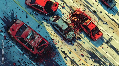 A car crash scene with a red car in the middle of the road