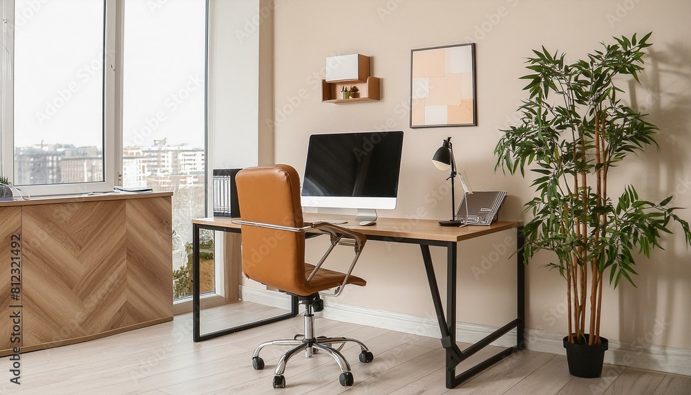 Stylish office interior with workplace, pc computer and window. Mock up wall Stylish office interior with workplace, pc computer and window. Mock up wall