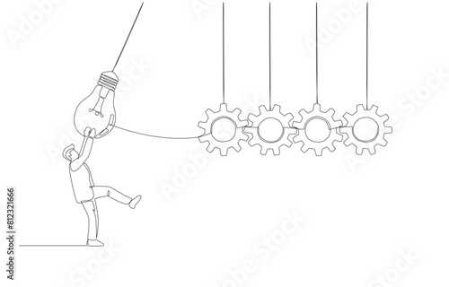 Continuous one line drawing of businessman pushing light bulb to make cogwheel work, implementing ideas into real business practice concept, single line art.
