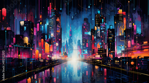 A vibrant and abstract depiction of a bustling city skyline at night painting © Wu