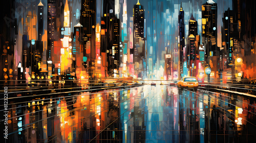 A vibrant and abstract depiction of a bustling city skyline at night painting © Wu