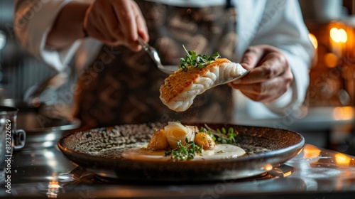 Chef crafting a flounder dish at a historical manor old-world charm photo