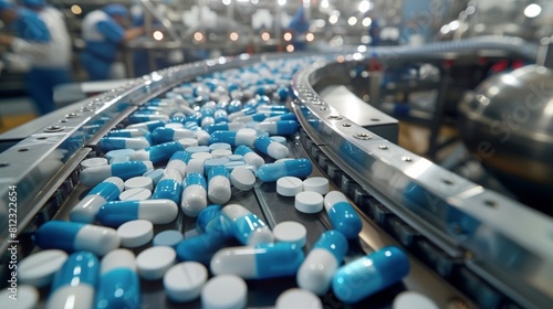 A conveyor belt is filled with blue and white pills photo