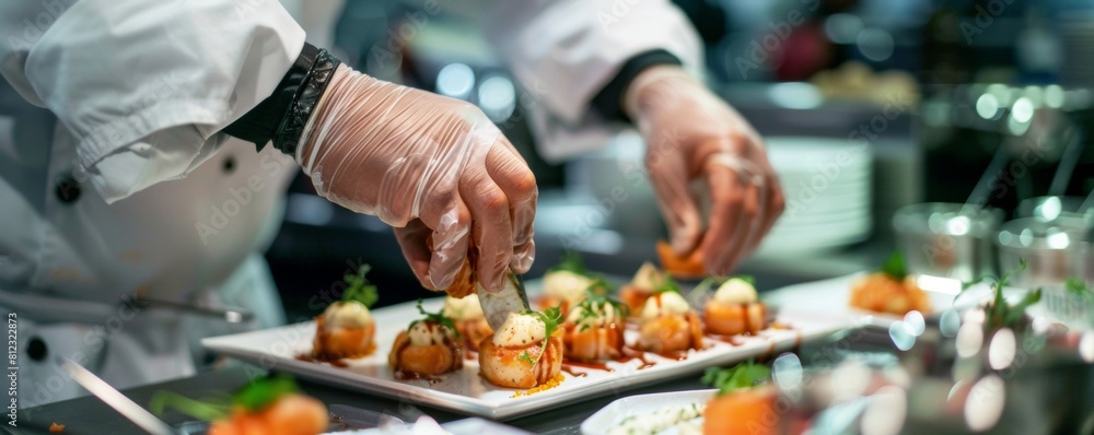 Chef crafting flounder bites for a luxury cinema event movie-themed gourmet snacks Chef crafting flounder bites for a luxury cinema event movie-themed gourmet snacks