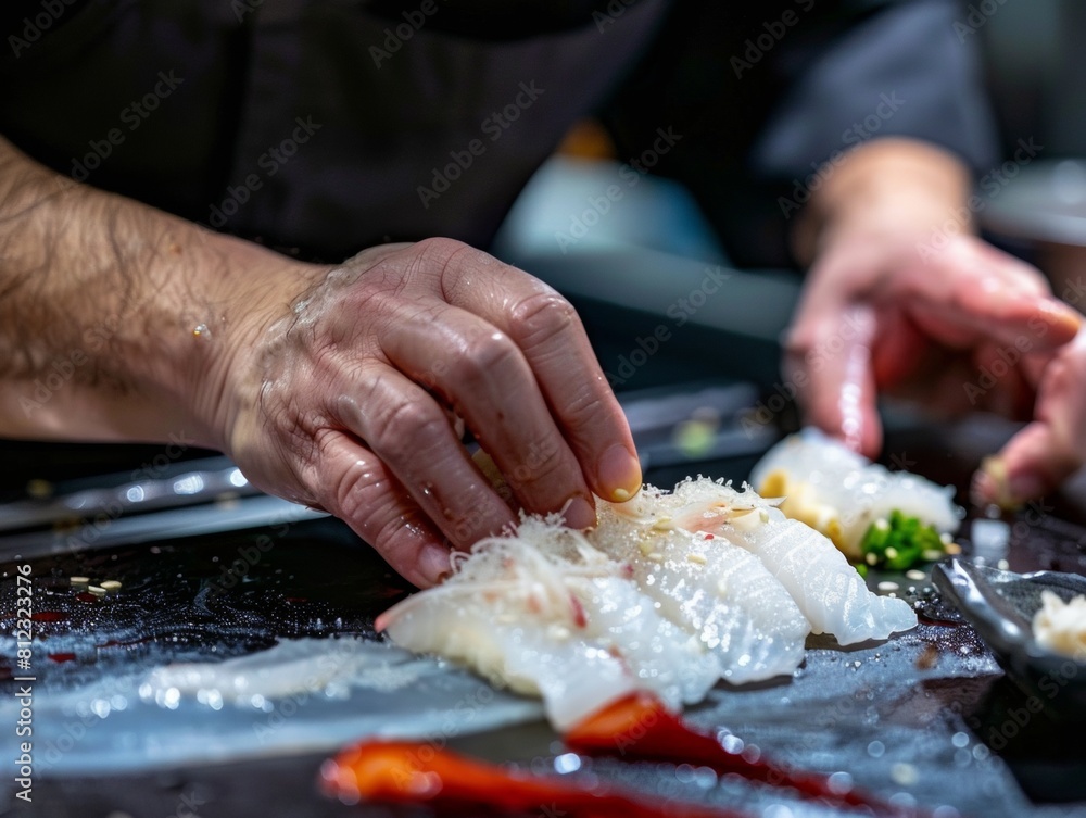 Chef crafting flounder sushi at high-end bar upscale ambiance