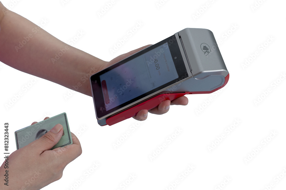 A woman's hands hold a payment terminal and a card to make a charge, with copy space A woman's hands hold a payment terminal and a card to make a charge, with copy space