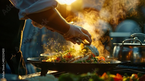 Chef creating a flounder dish during a solar eclipse event celestial cooking