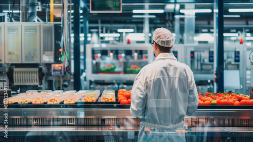 A worker in sanitary clothing oversees food production in a modern, clean industrial kitchen with a variety of prepared dishes and ingredients on conveyor belts.