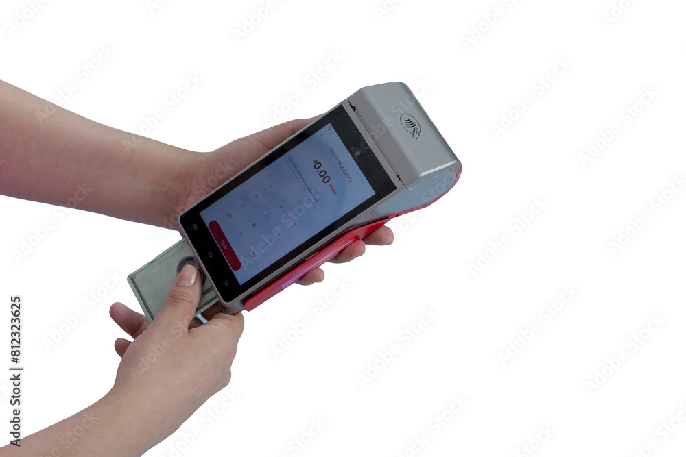 Woman's hands making a card payment at a payment terminal, with copy space Woman's hands making a card payment at a payment terminal, with copy space
