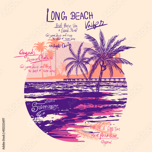 Long beach, summer vibes hand draw, summer beach slogan with beach illustration, Summer good vibes artwork for apparel. palm long beach illustration vector. Big wave